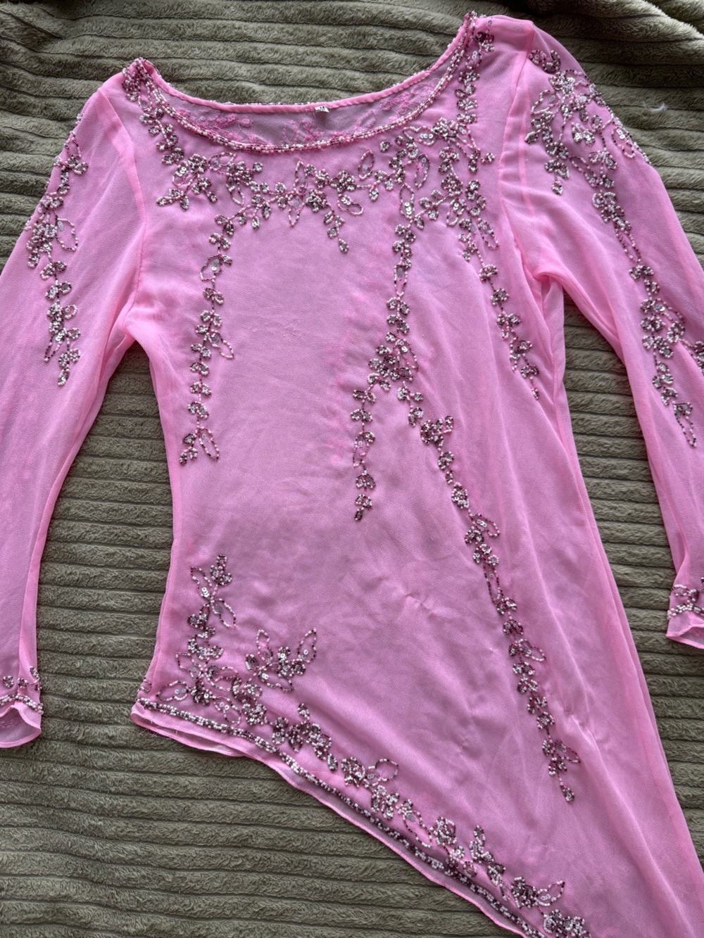 Y2K Pink Beaded Mesh Long Sleeve Top